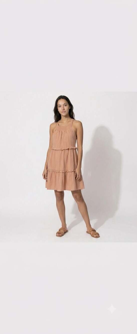 100% Cotton Terracotta Tan Smocked Halter‎ Boho Tiered Coquette Dress Small